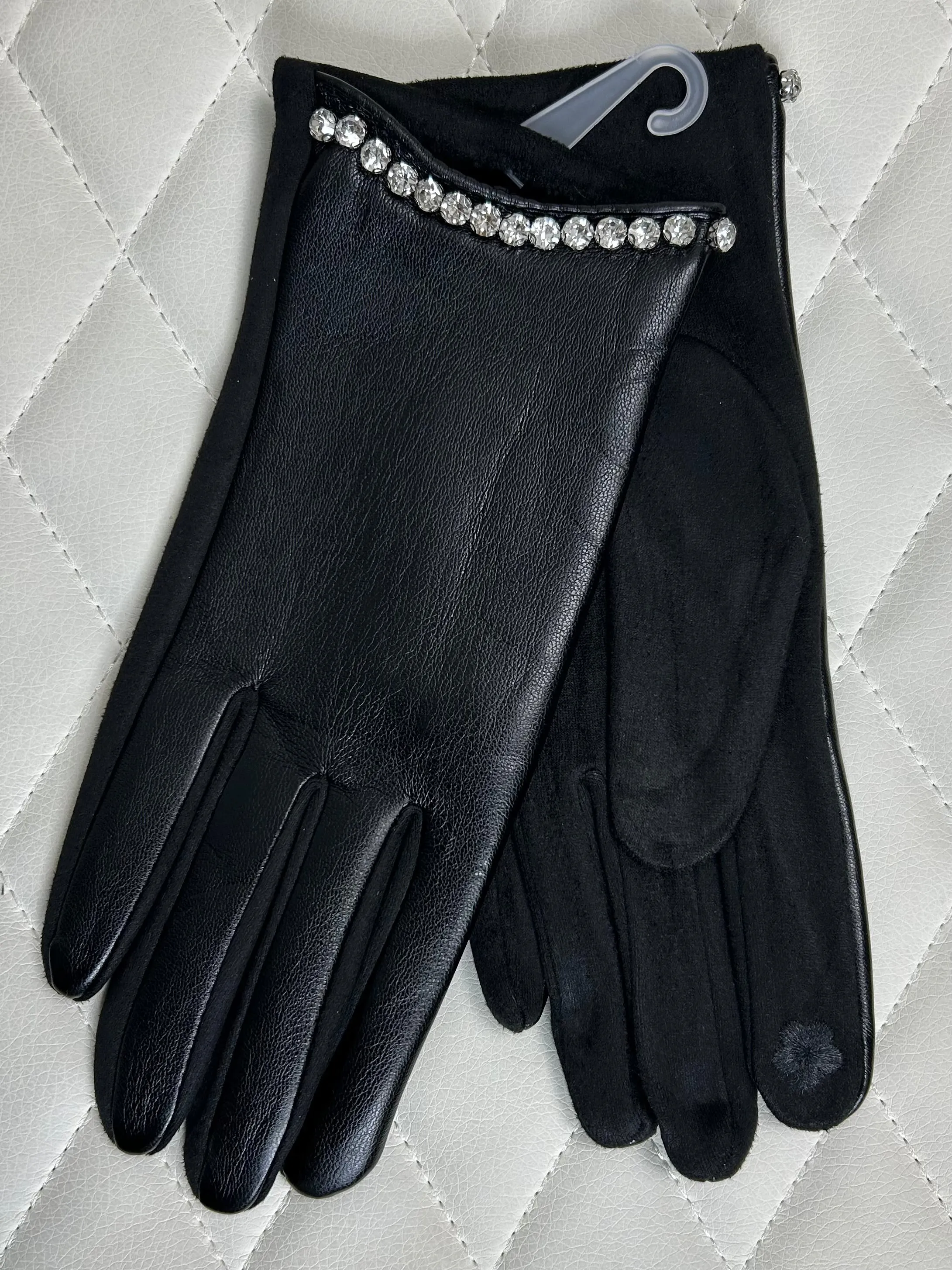 Diamante Trim Faux Leather Gloves  (2 Colours)