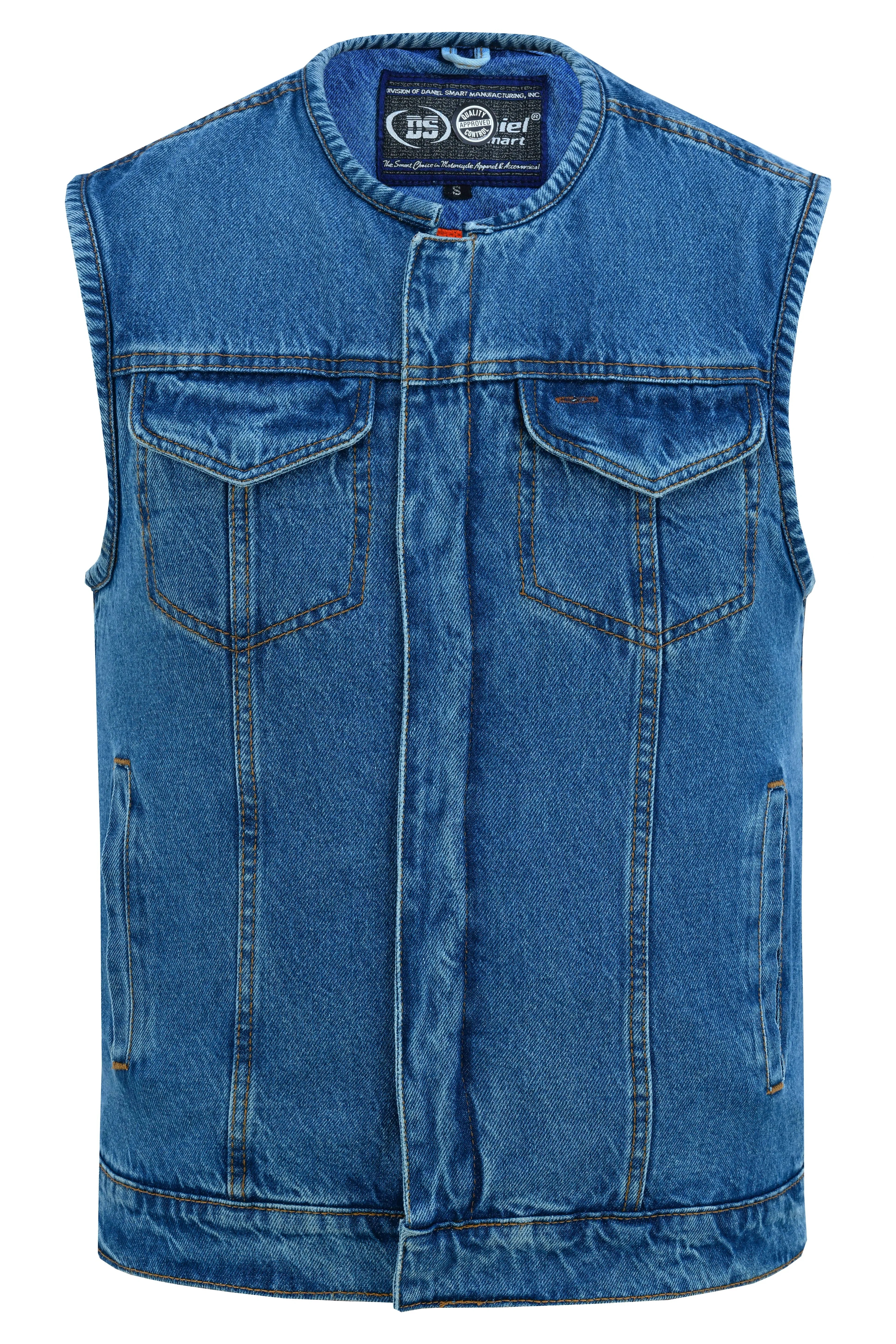 DM Mens Blue Denim Motorcycle Vest with Concealed Snaps & Zipper