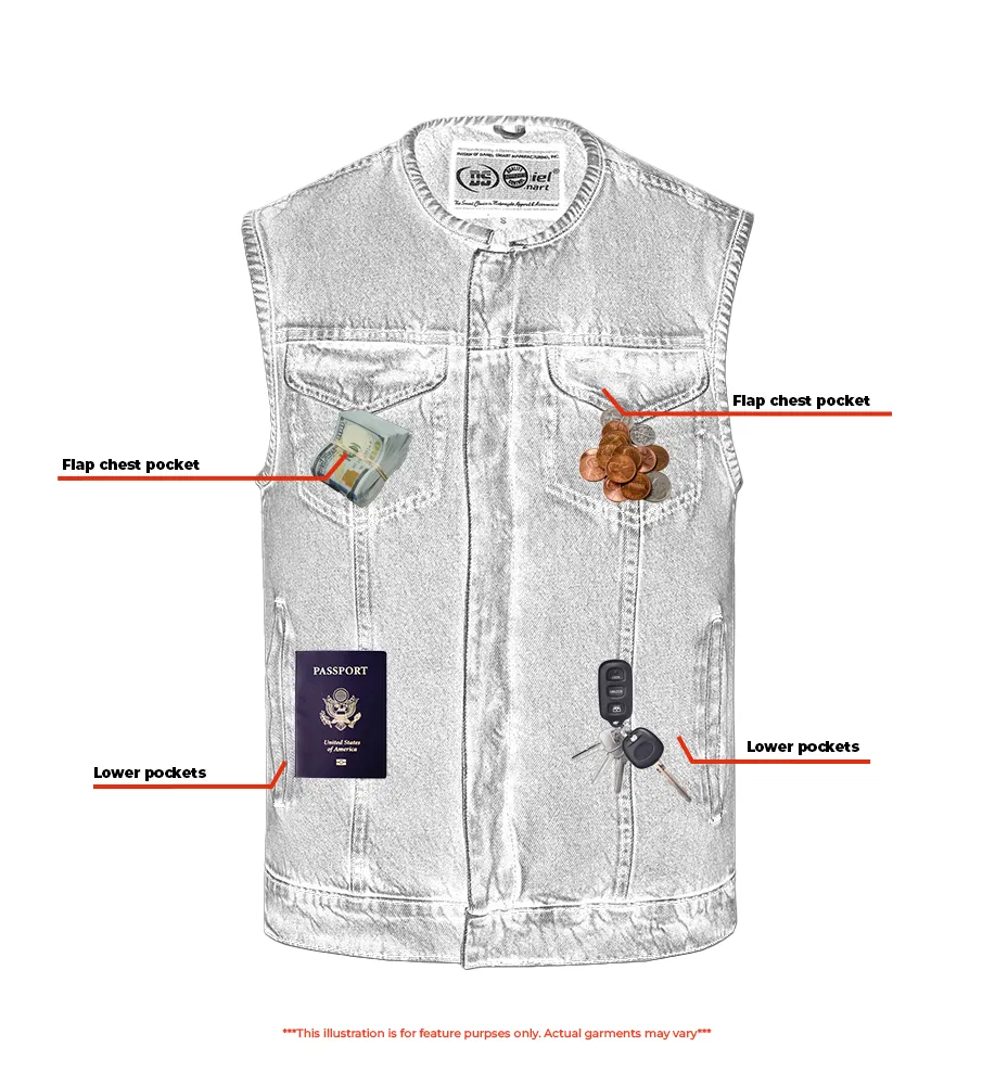 DM Mens Blue Denim Motorcycle Vest with Concealed Snaps & Zipper