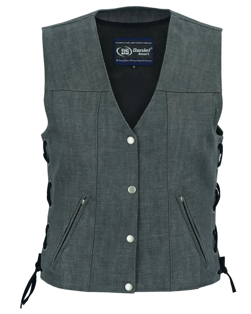 DM Women's Rough Rub-Off Raw Finish Broken Gray Denim Vest