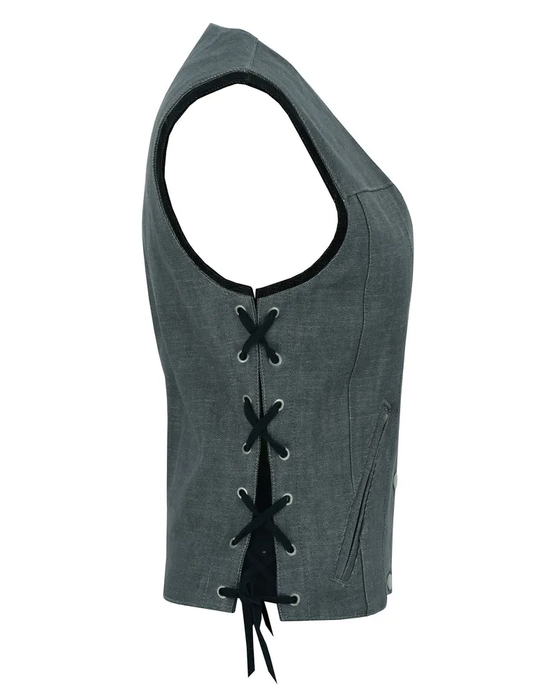 DM Women's Rough Rub-Off Raw Finish Broken Gray Denim Vest