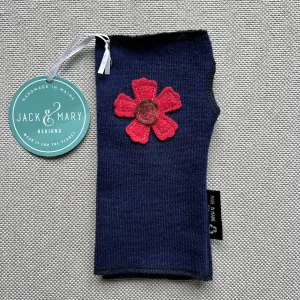 Fingerless Mittens Short, Navy Merino Wool with Paprika Flower 127