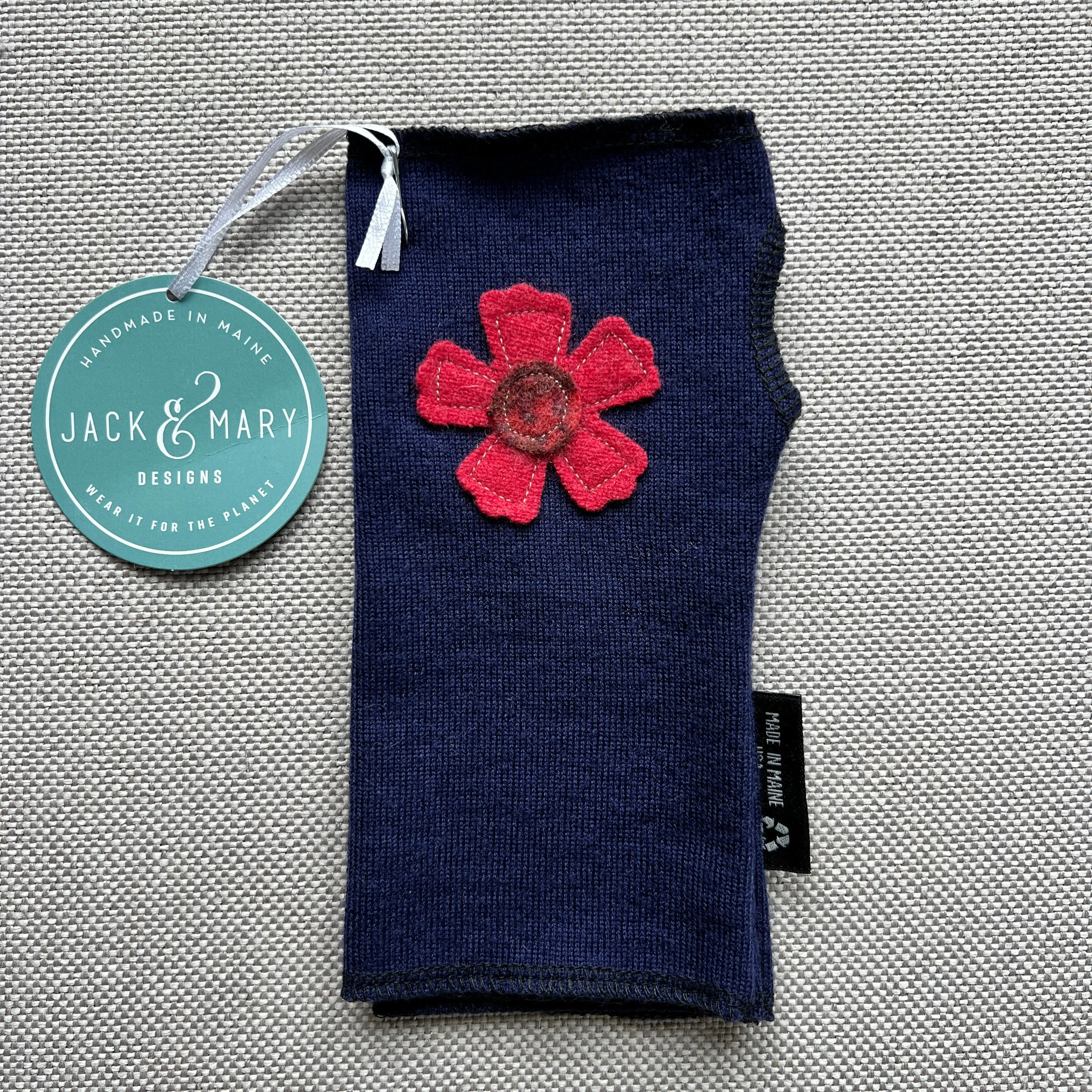 Fingerless Mittens Short, Navy Merino Wool with Paprika Flower 127