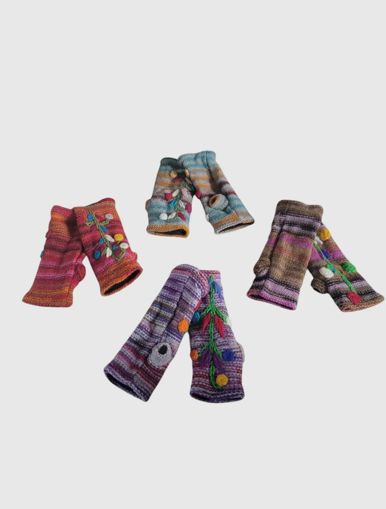Fleece Lined Wool Knitted Hand warmers- Flower Embroidery