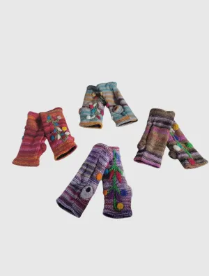Fleece Lined Wool Knitted Hand warmers- Flower Embroidery