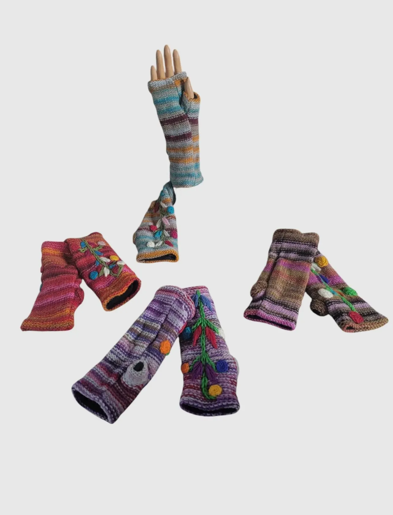 Fleece Lined Wool Knitted Hand warmers- Flower Embroidery