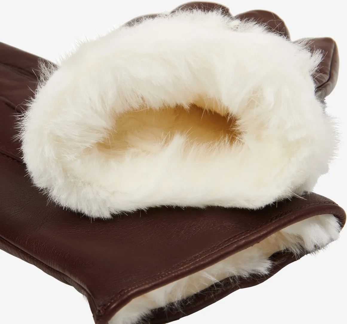 Francesca (brown) - Italian lambskin leather gloves with white rabbit fur lining