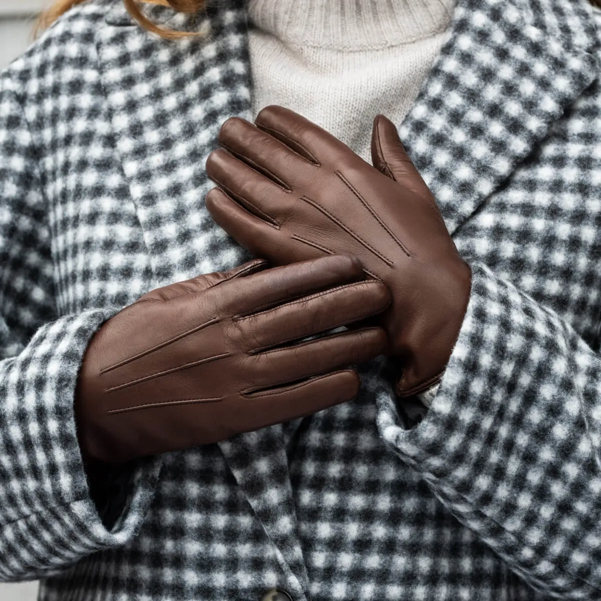 Francesca (brown) - Italian lambskin leather gloves with white rabbit fur lining