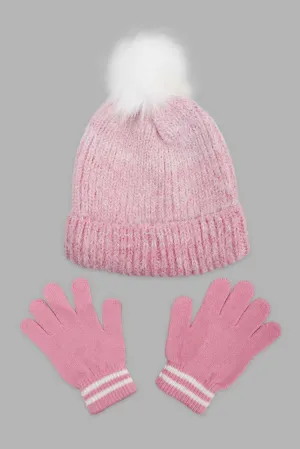 Girls Embellished Knitted Cap & Gloves (Pack Of 2)