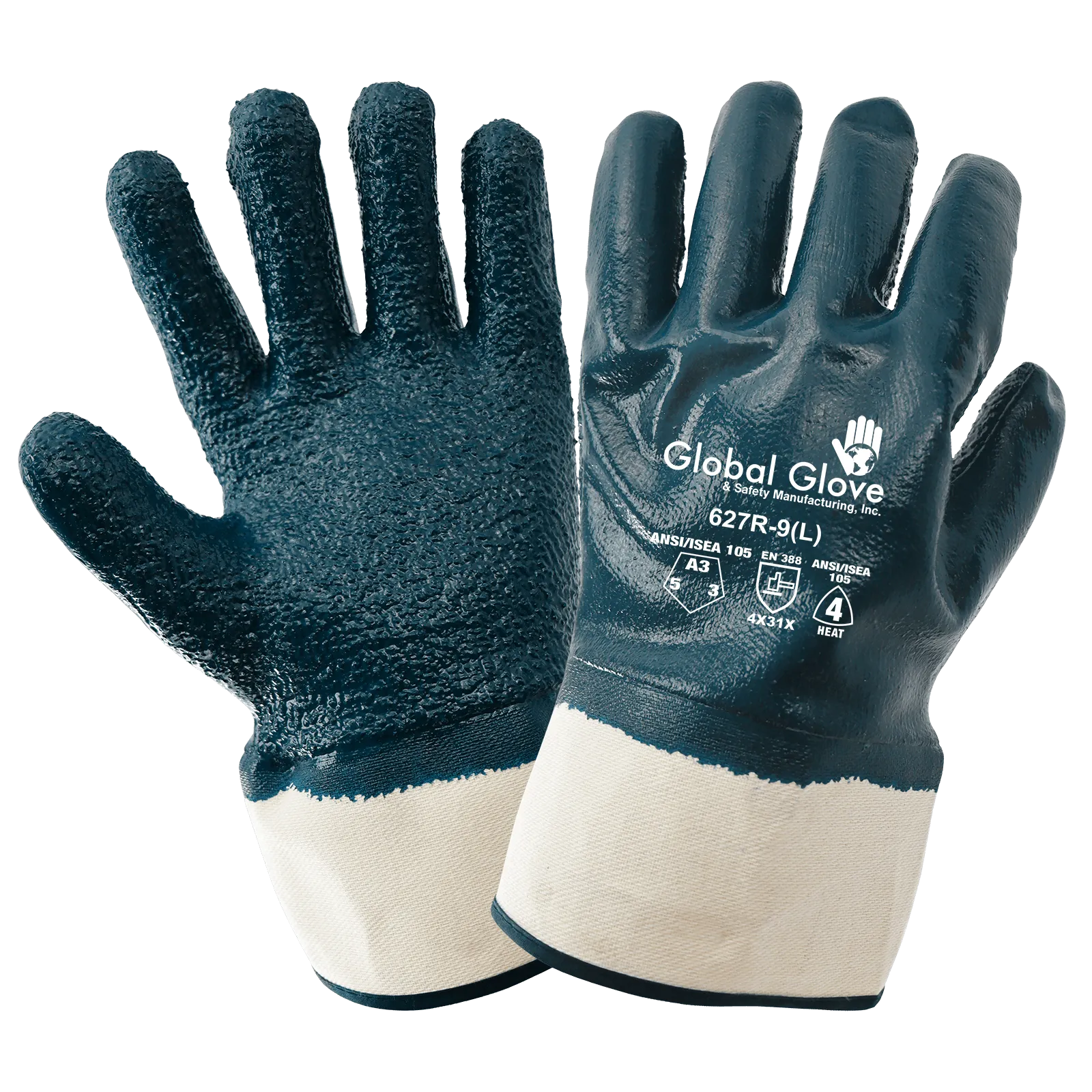 Global Glove & Safety 627R Premium Solid Nitrile Fully Coated Two Piece Jersey Gloves with Rough Finish, Cut A3