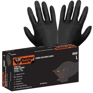 Global Glove & Safety 800F Panther Guard® Heavyweight Nitrile, Powder Free, Industrial Grade, Black, 8 Mil, Flock Lined, Textured Fingertips, 11 Inch (case of 500)