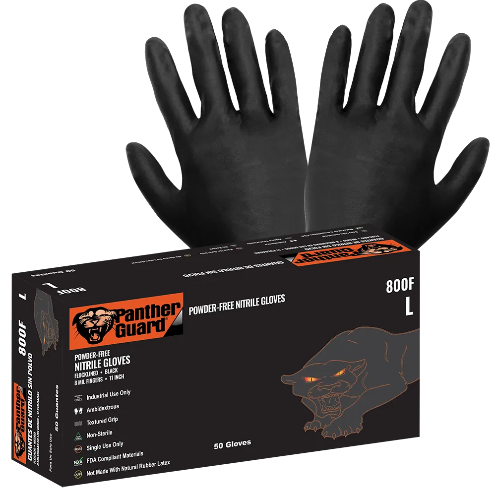 Global Glove & Safety 800F Panther Guard® Heavyweight Nitrile, Powder Free, Industrial Grade, Black, 8 Mil, Flock Lined, Textured Fingertips, 11 Inch (case of 500)