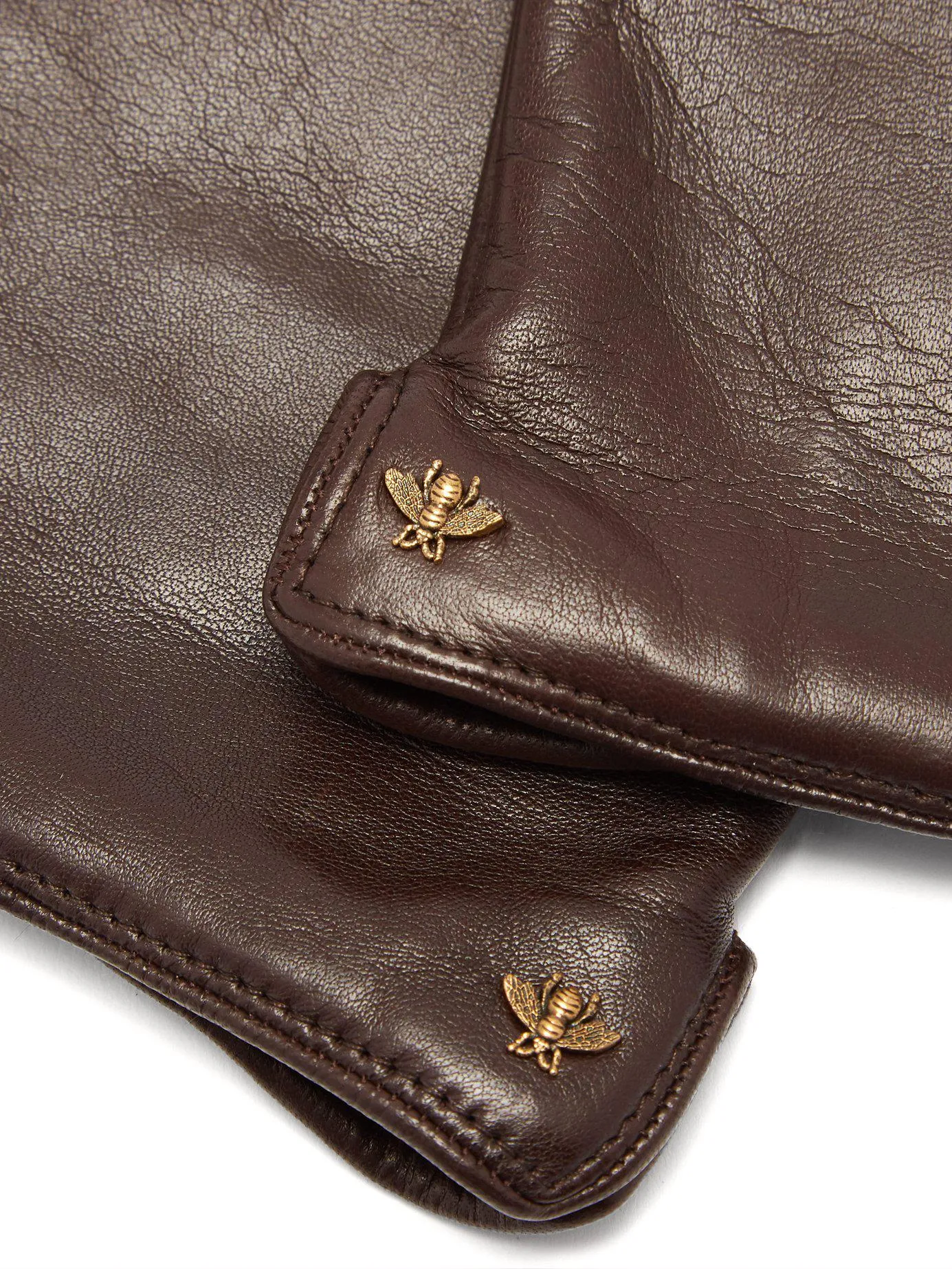 Gucci Bee Embellished Leather Gloves In Brown