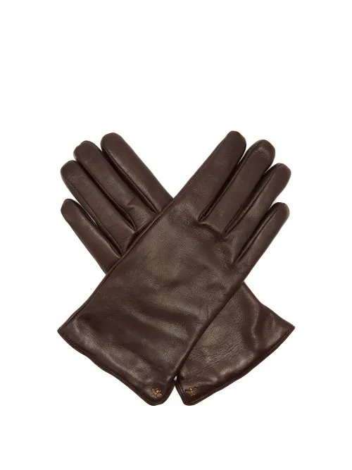 Gucci Bee Embellished Leather Gloves In Brown