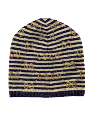 Gucci Knit Beanie in Blue and Ivory with Gold Lamé