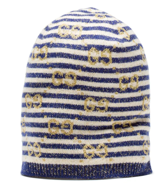 Gucci Knit Beanie in Blue and Ivory with Gold Lamé