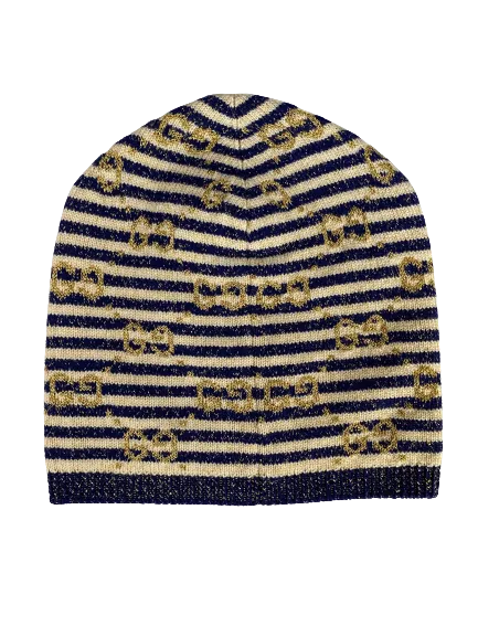 Gucci Knit Beanie in Blue and Ivory with Gold Lamé