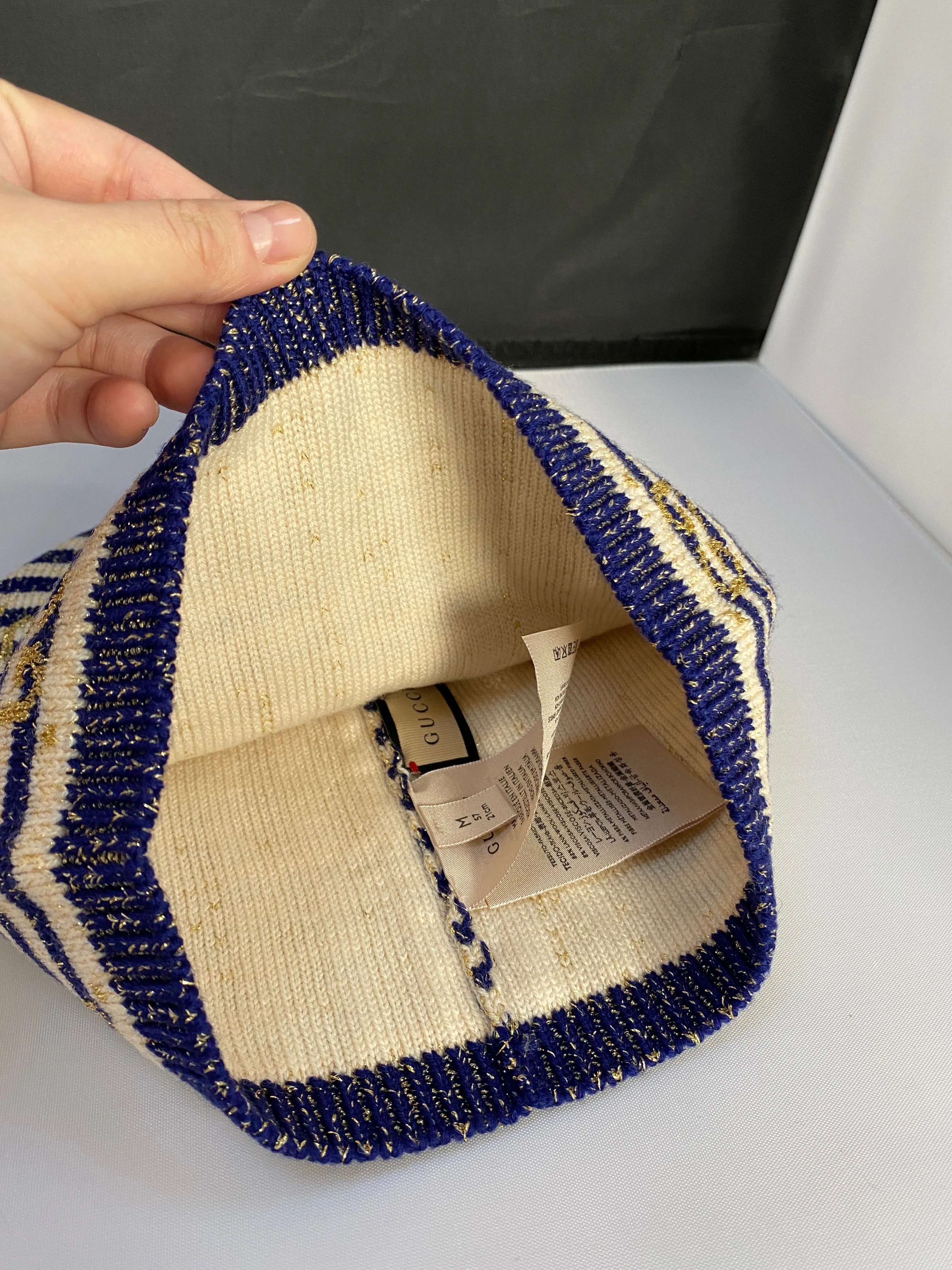 Gucci Knit Beanie in Blue and Ivory with Gold Lamé