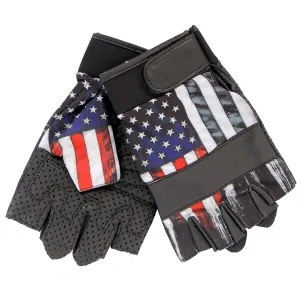 GVM3008 Uni-Sex Black 'Heartbeat USA Flag' Fingerless Leather Gloves