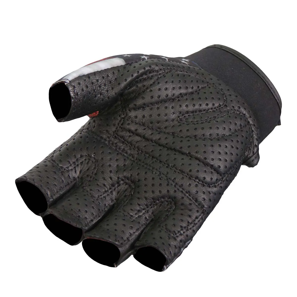 GVM3008 Uni-Sex Black 'Heartbeat USA Flag' Fingerless Leather Gloves