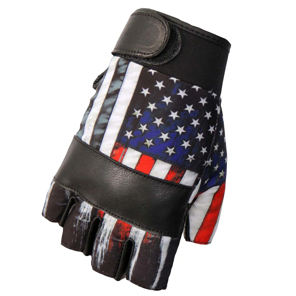 GVM3008 Uni-Sex Black 'Heartbeat USA Flag' Fingerless Leather Gloves
