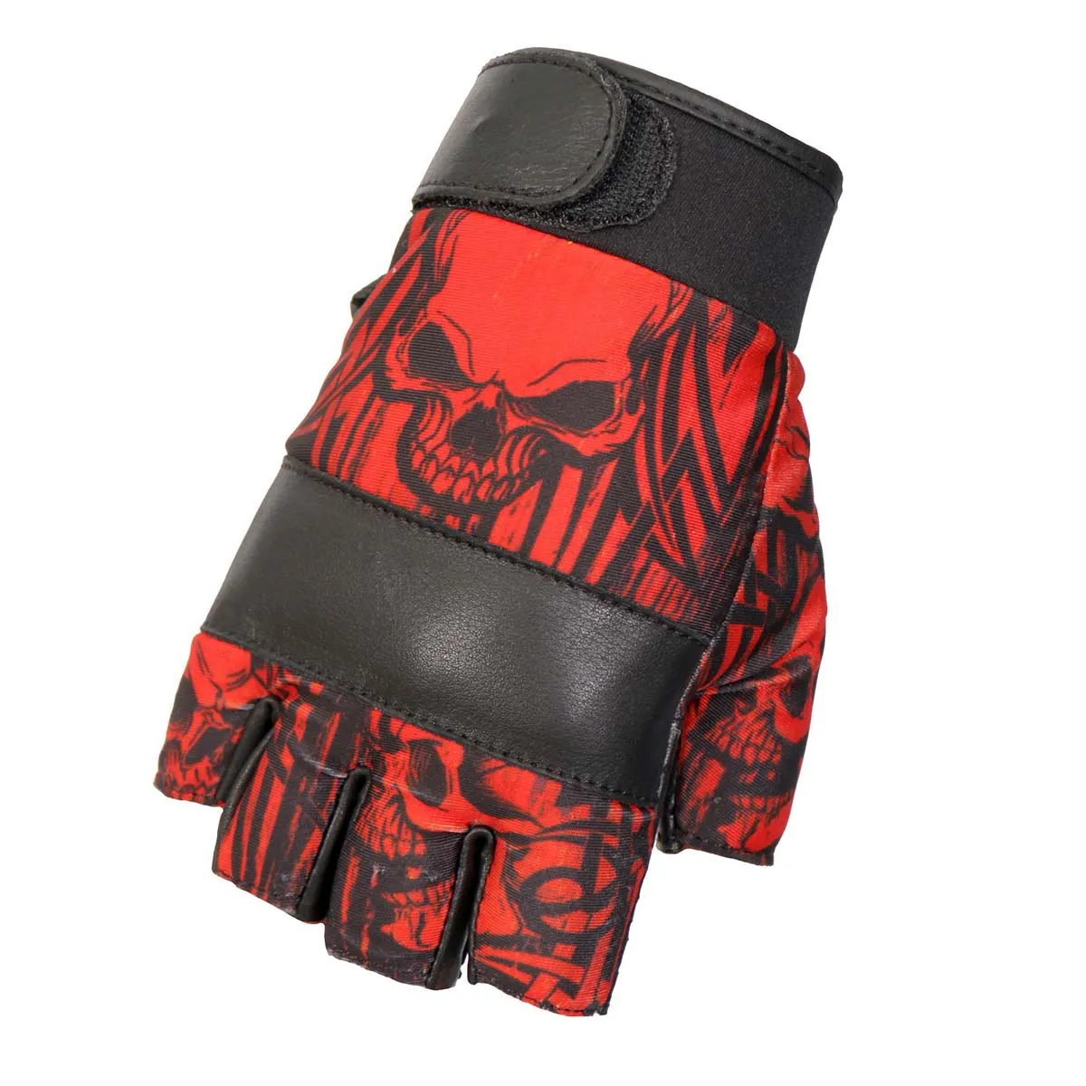 GVM3010 Uni-Sex Black 'Red Skull' Fingerless Leather Gloves