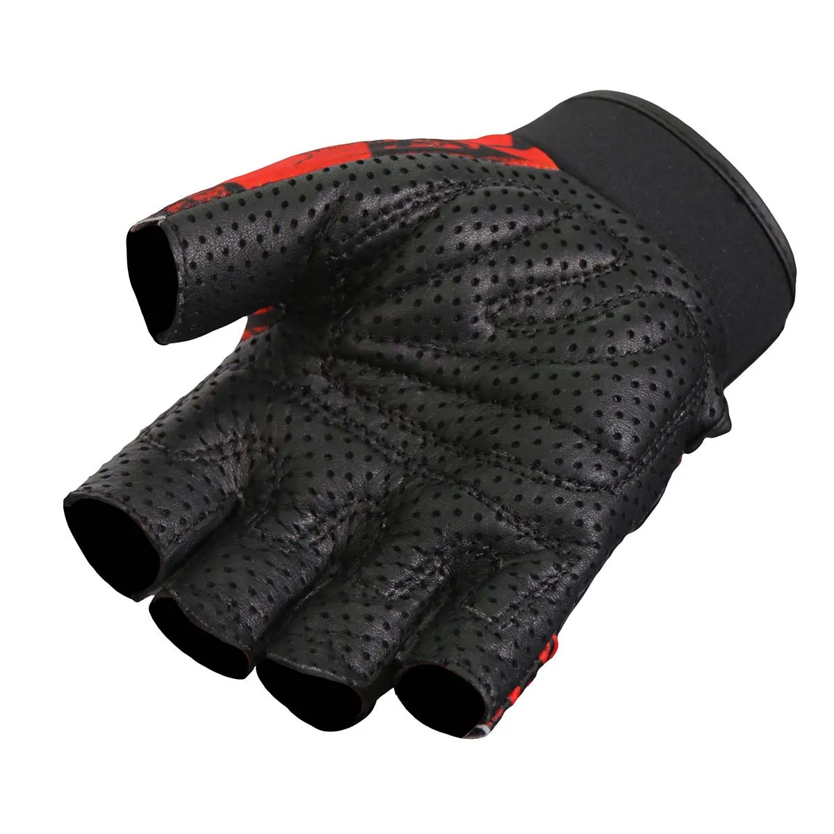 GVM3010 Uni-Sex Black 'Red Skull' Fingerless Leather Gloves