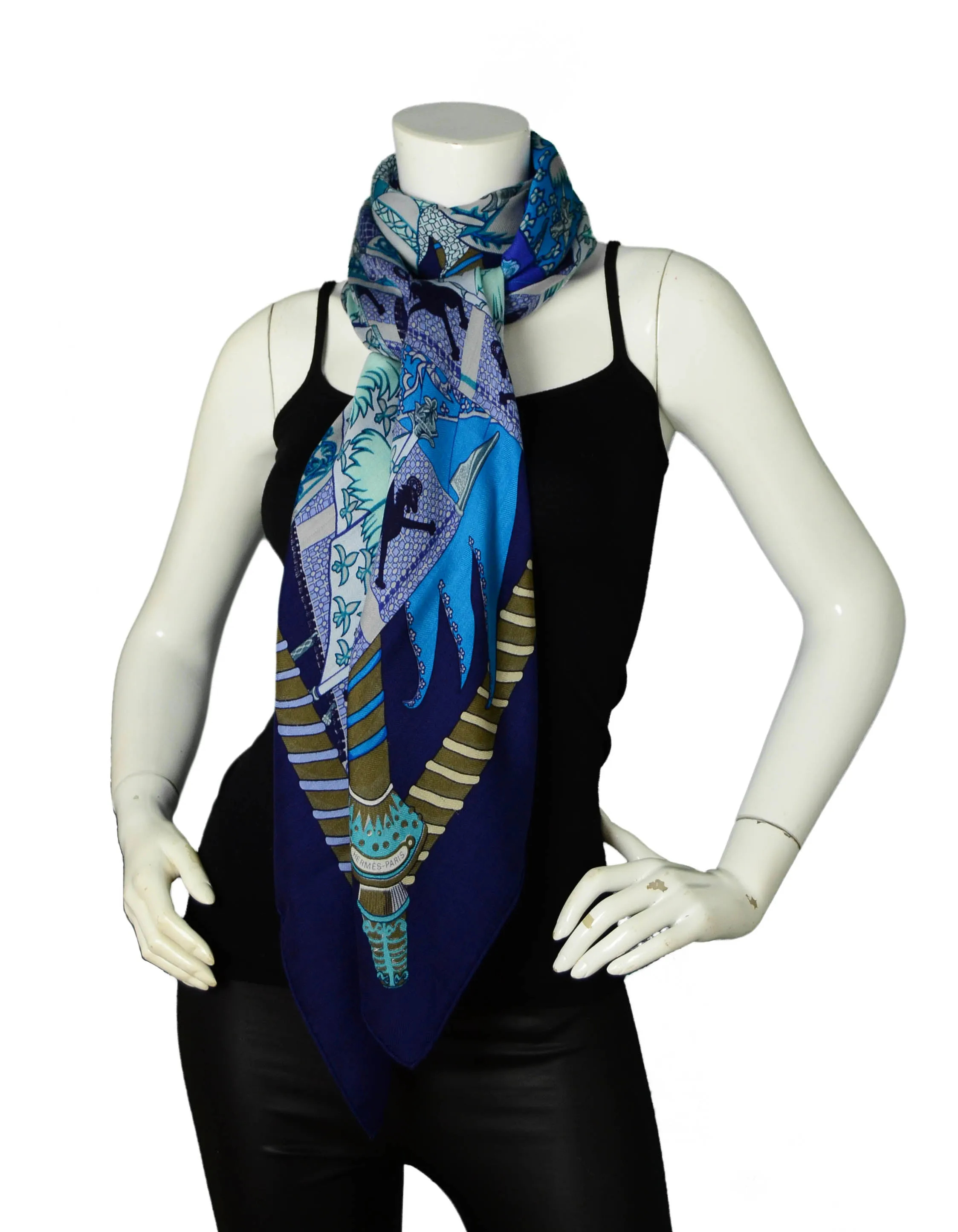 Hermes Blue Silk & Cashmere Etendards et Bannieres 140cm Shawl/Scarf