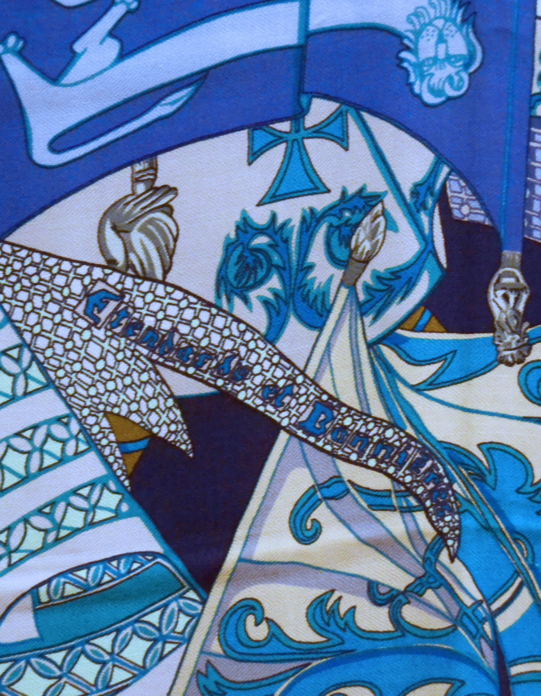 Hermes Blue Silk & Cashmere Etendards et Bannieres 140cm Shawl/Scarf