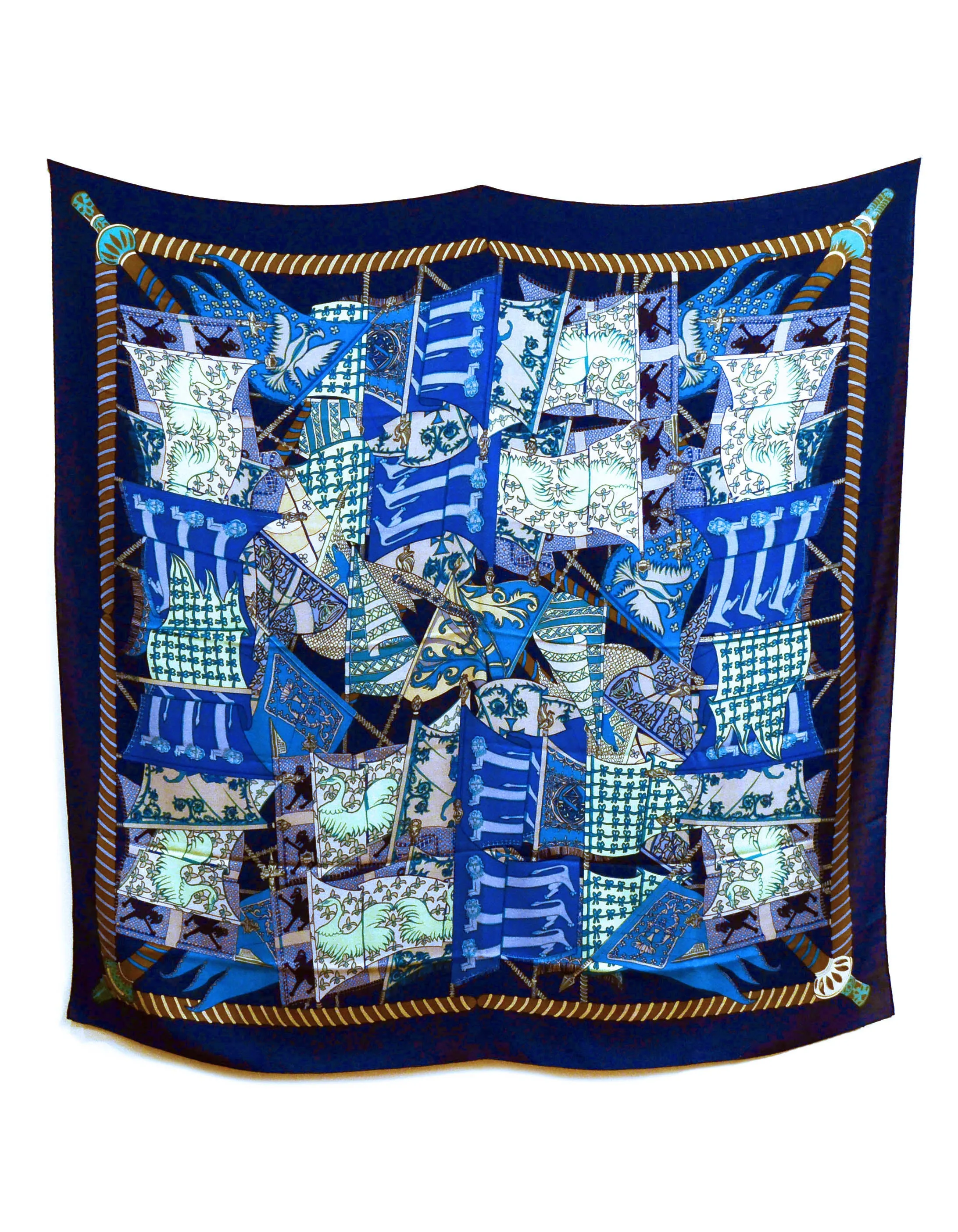 Hermes Blue Silk & Cashmere Etendards et Bannieres 140cm Shawl/Scarf