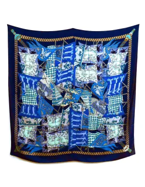 Hermes Blue Silk & Cashmere Etendards et Bannieres 140cm Shawl/Scarf