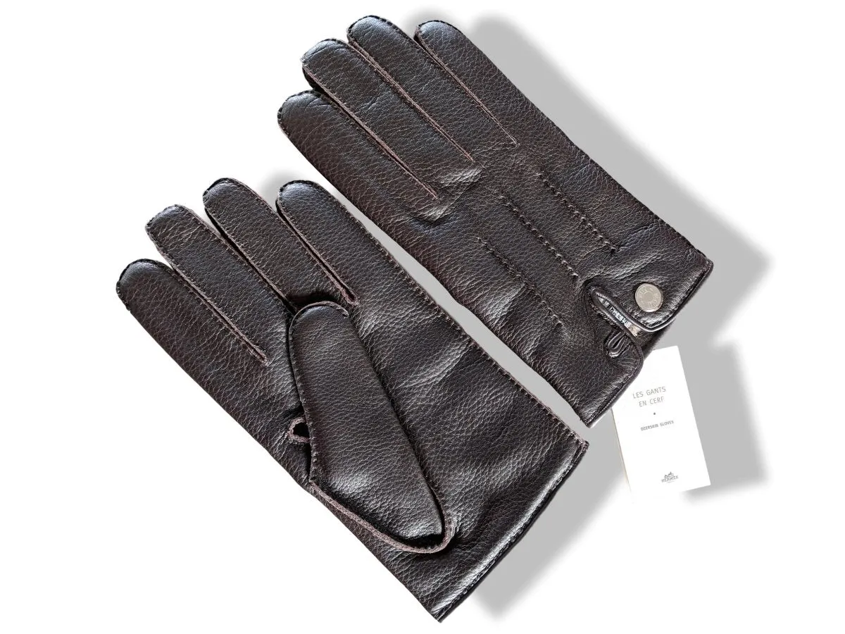 Hermes [GL08] Men's Ebene Deer/Cashmere Cerf GANTS HOMME CLOUS DE SELLE Gloves BNWTIB!