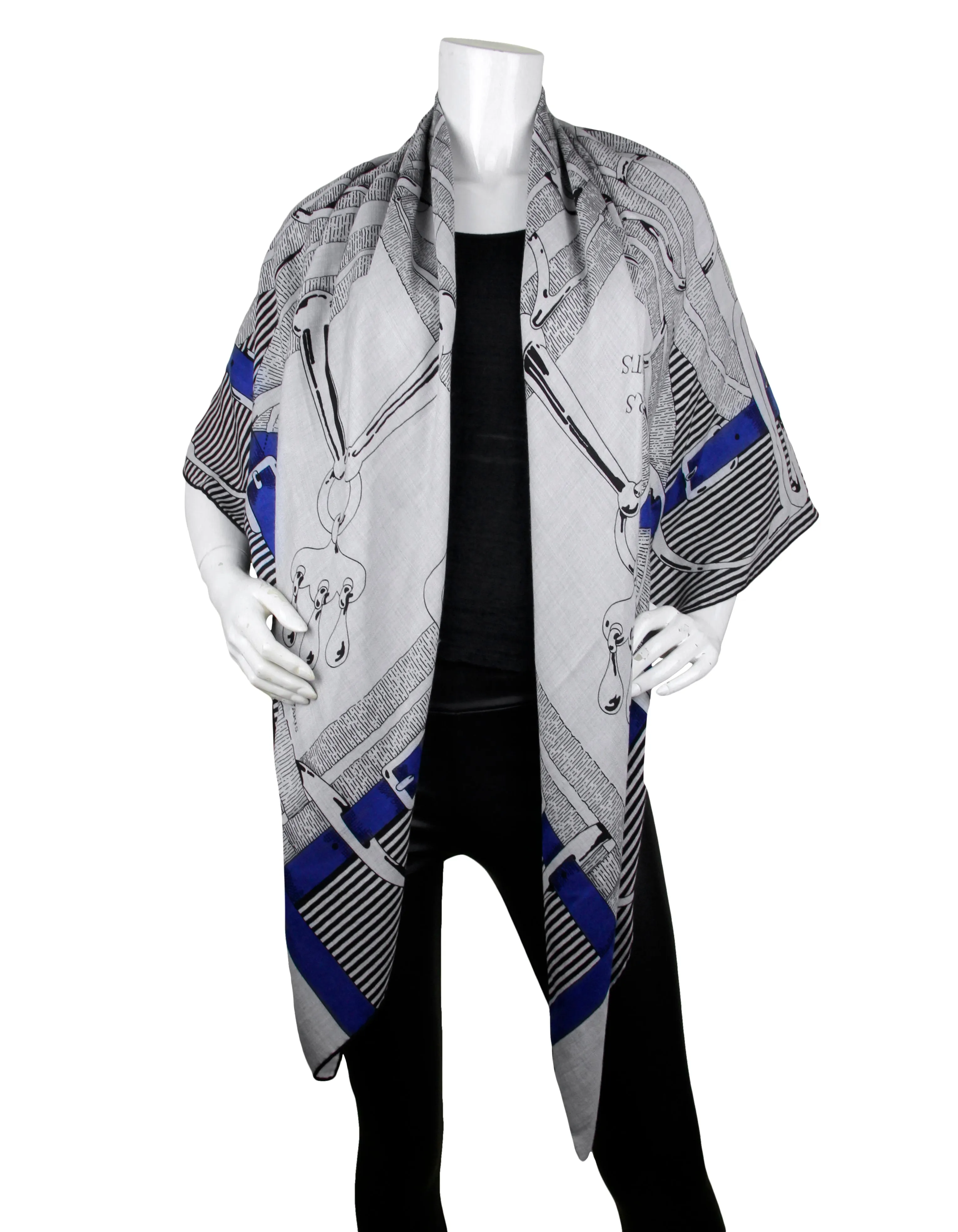 Hermes NEW Grey/Blue Mors a Jouets 140cm Silk/Cashmere Shawl