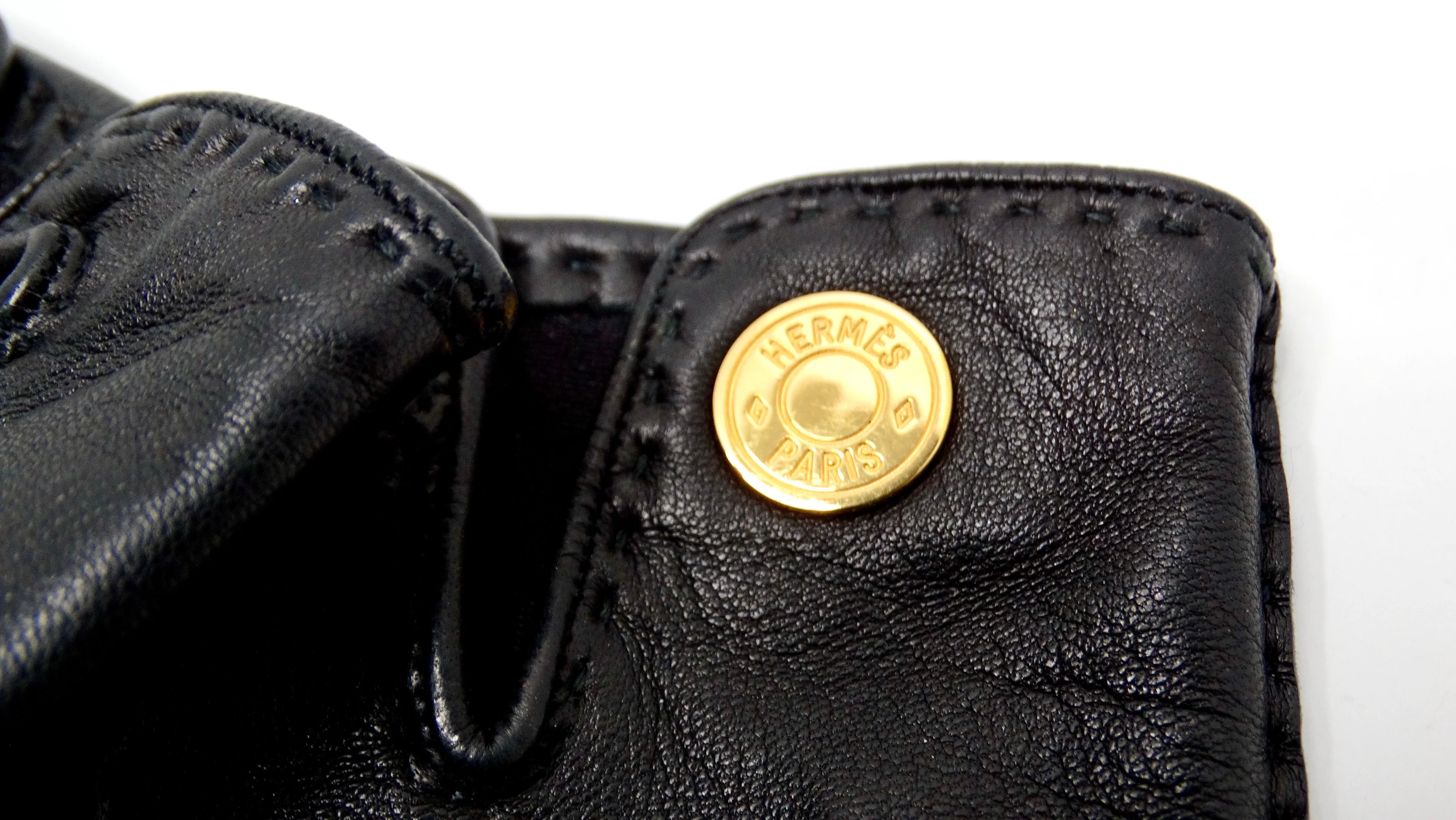 Hermes Sellier Black Lambskin Leather With Gold-Tone Button Gloves