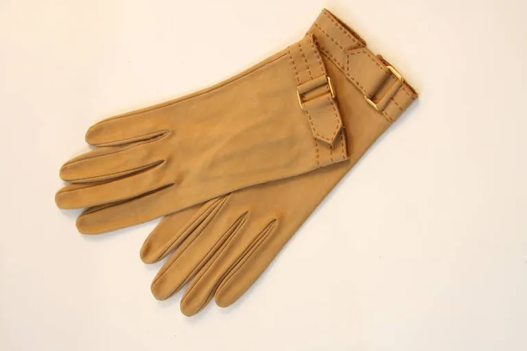 HERMES Vintage Tan Leather Gloves with Wrist Buckle Detail size 7