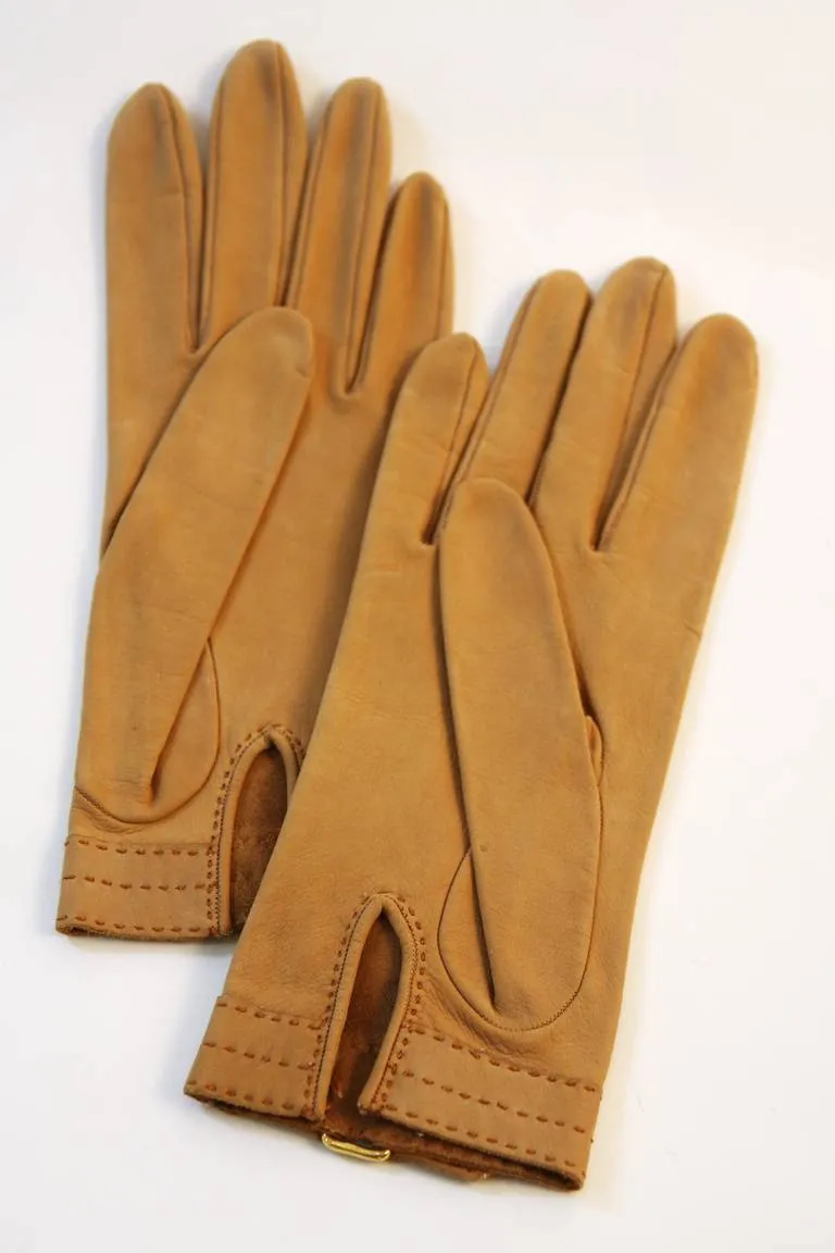 HERMES Vintage Tan Leather Gloves with Wrist Buckle Detail size 7