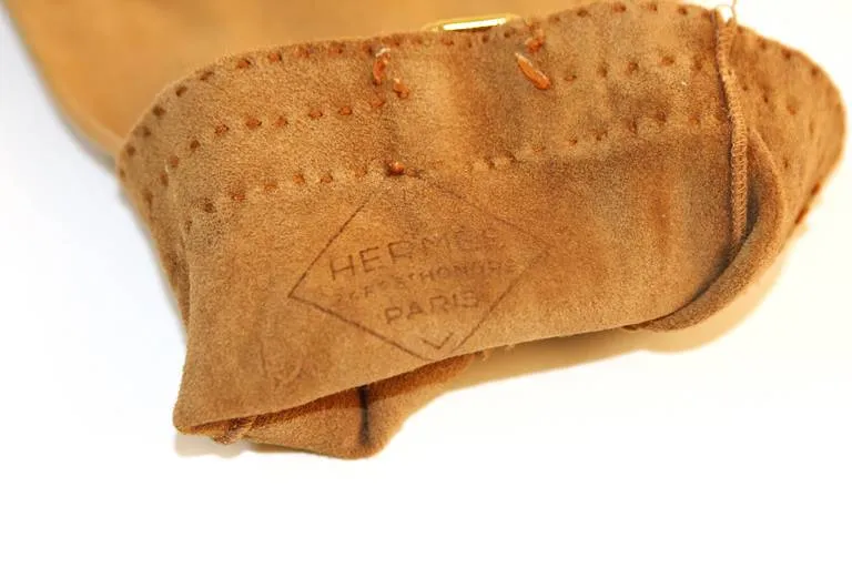 HERMES Vintage Tan Leather Gloves with Wrist Buckle Detail size 7