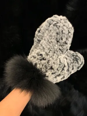 Knitted Rabbit Fur Mittens with Fox Fur Trim