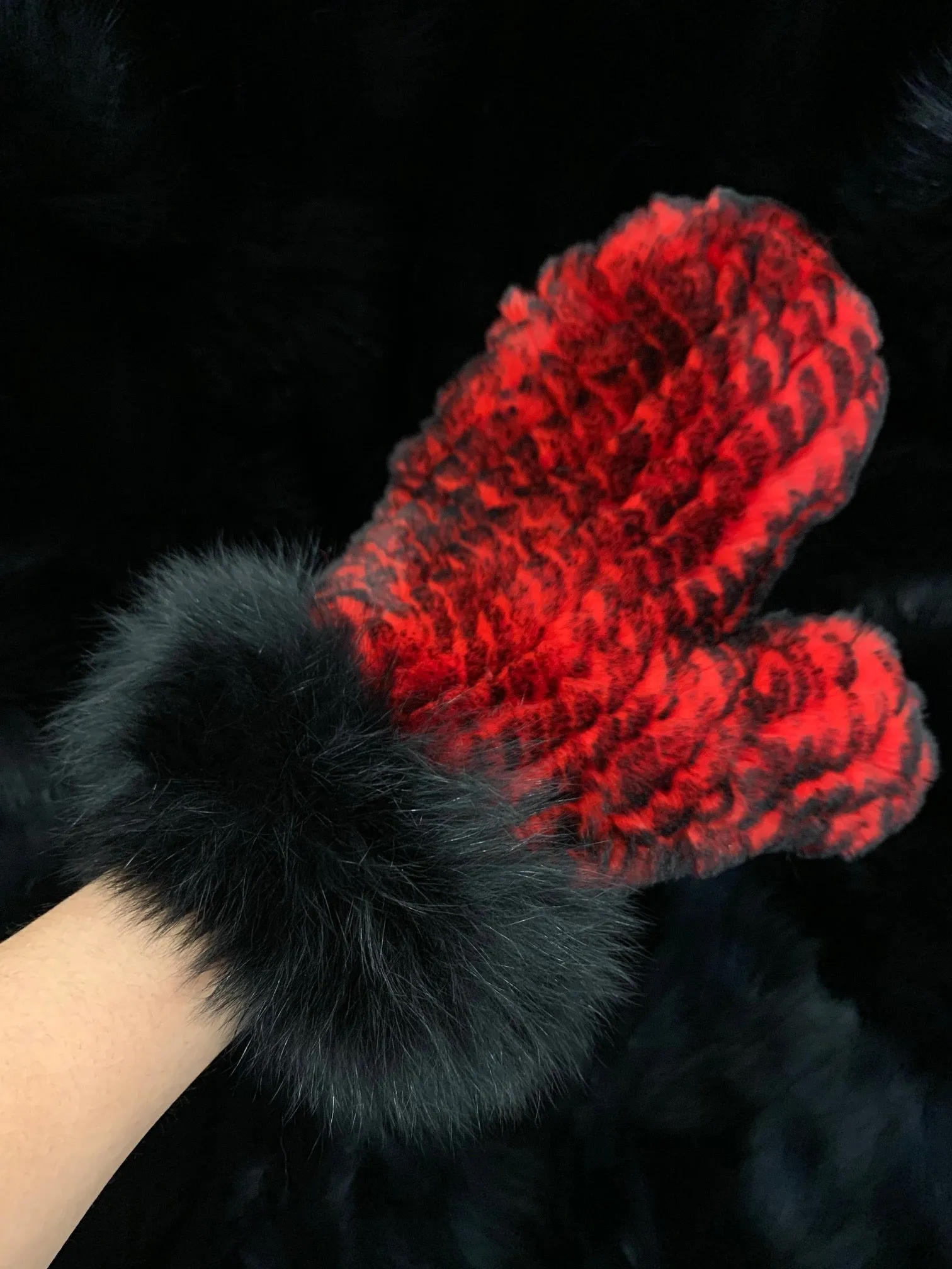 Knitted Rabbit Fur Mittens with Fox Fur Trim