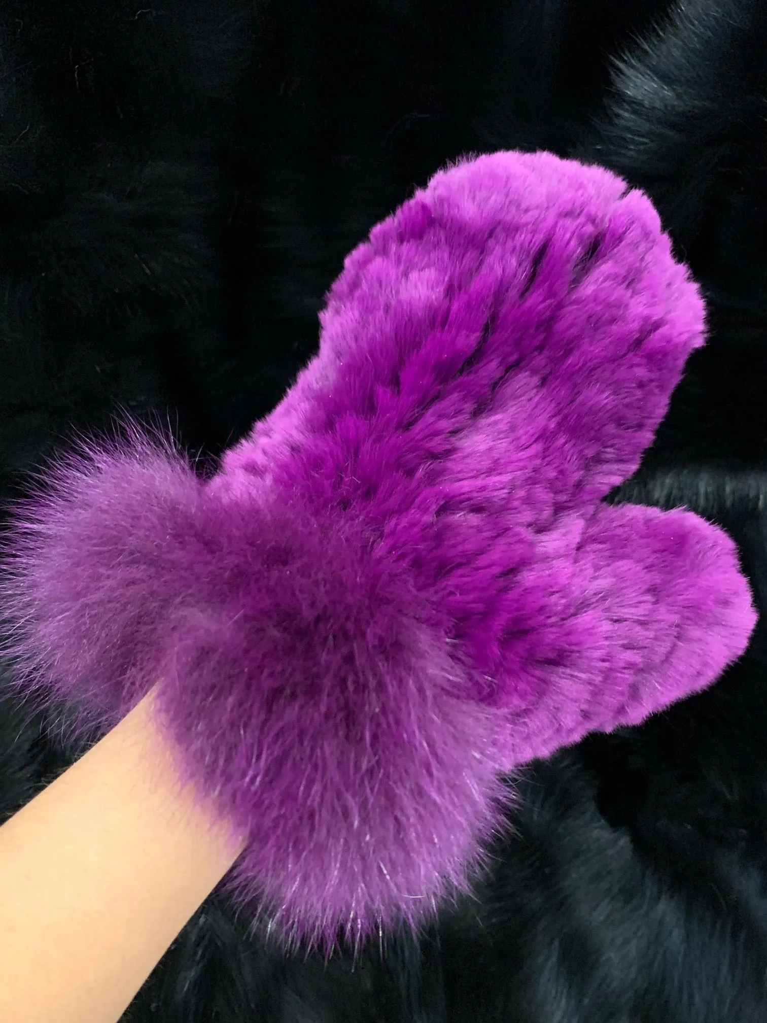 Knitted Rabbit Fur Mittens with Fox Fur Trim