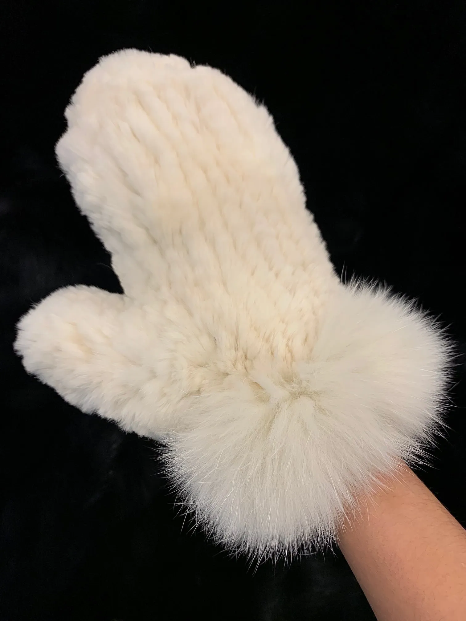Knitted Rabbit Fur Mittens with Fox Fur Trim