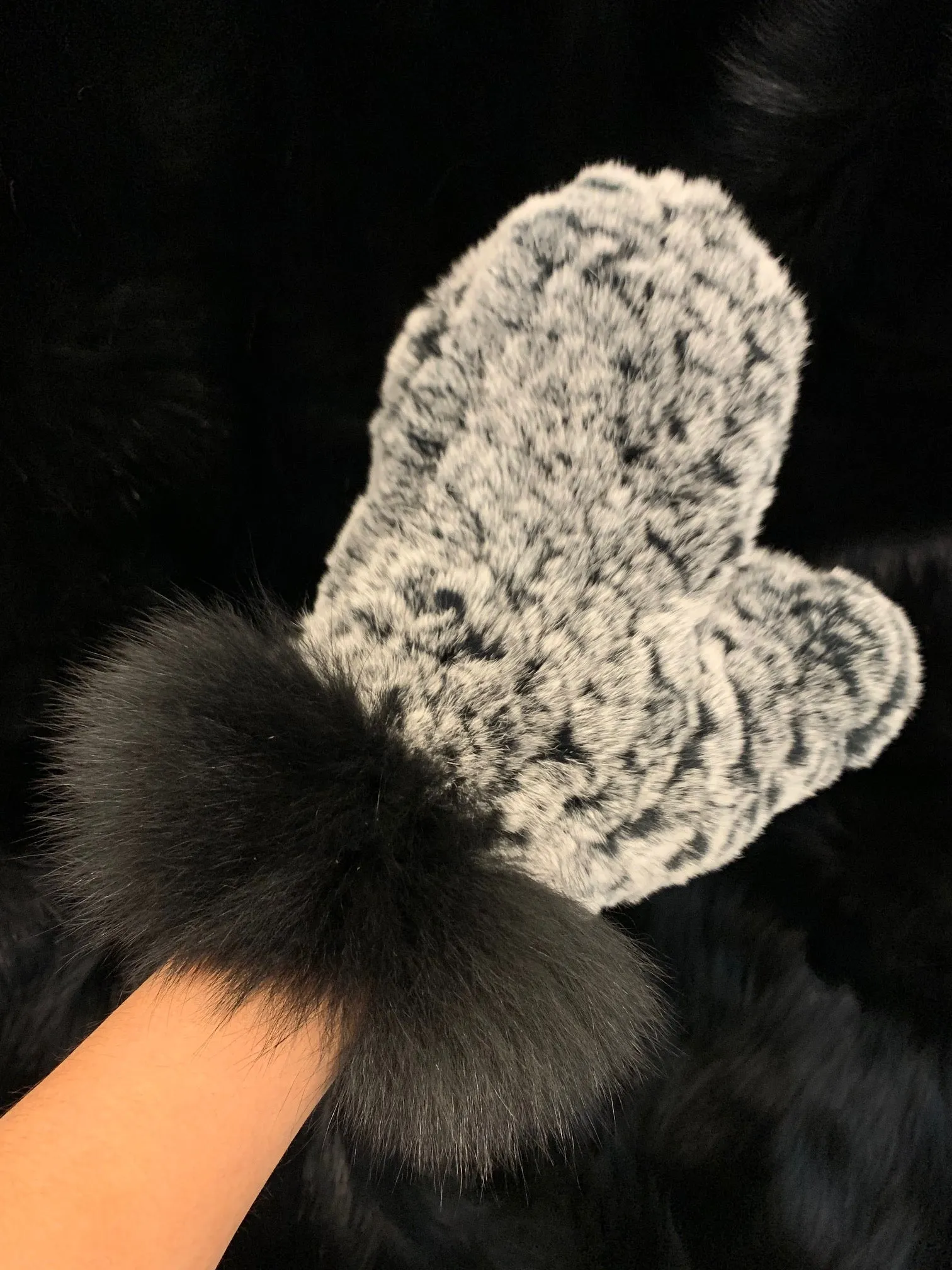 Knitted Rabbit Fur Mittens with Fox Fur Trim