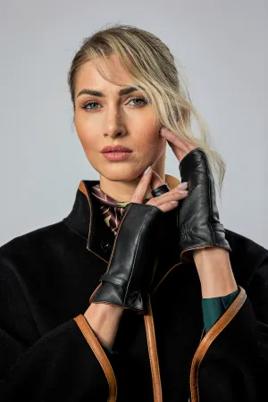 LADY AUTO Fingerless Black Leather Cashemere Lined Womens Gloves
