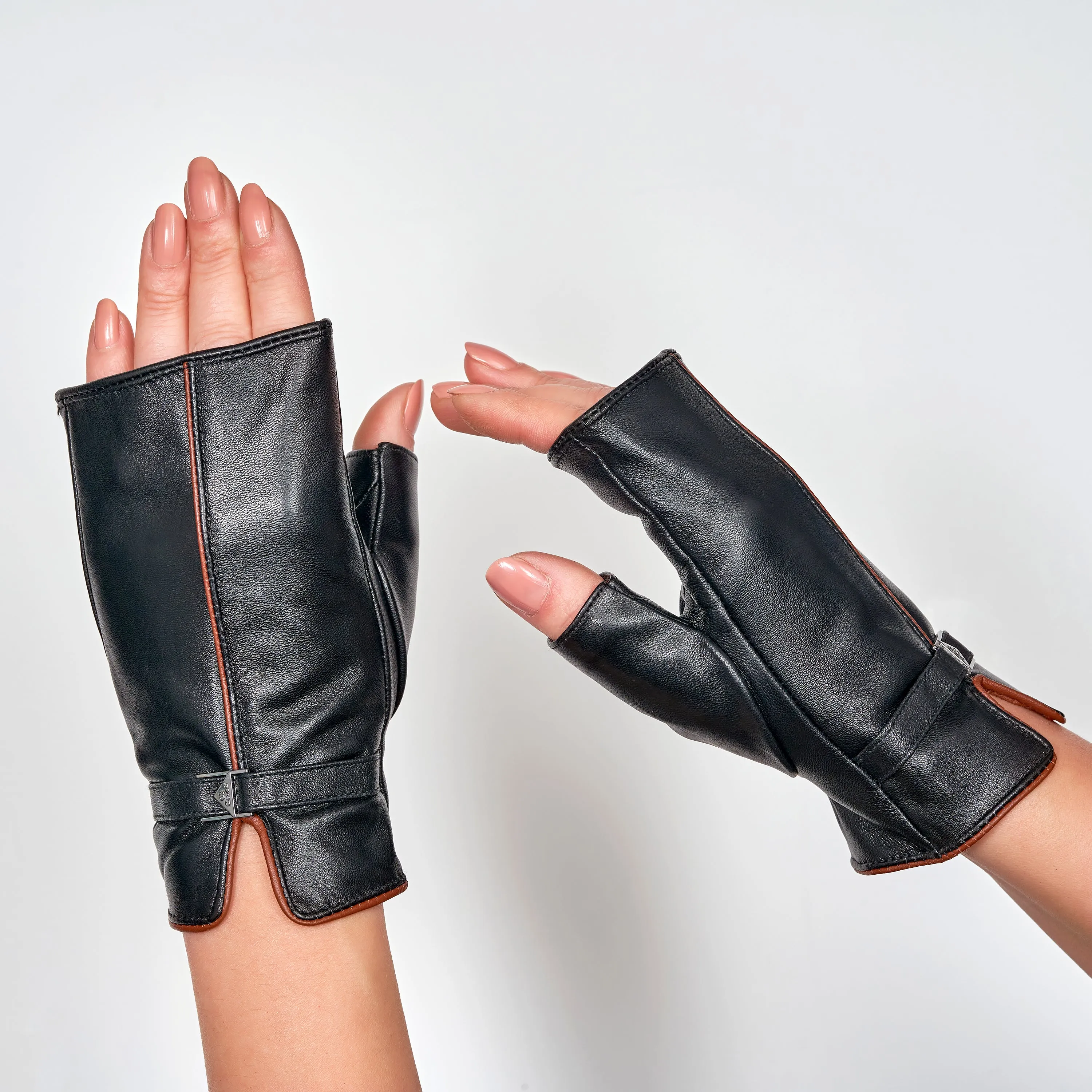 LADY AUTO Fingerless Black Leather Cashemere Lined Womens Gloves