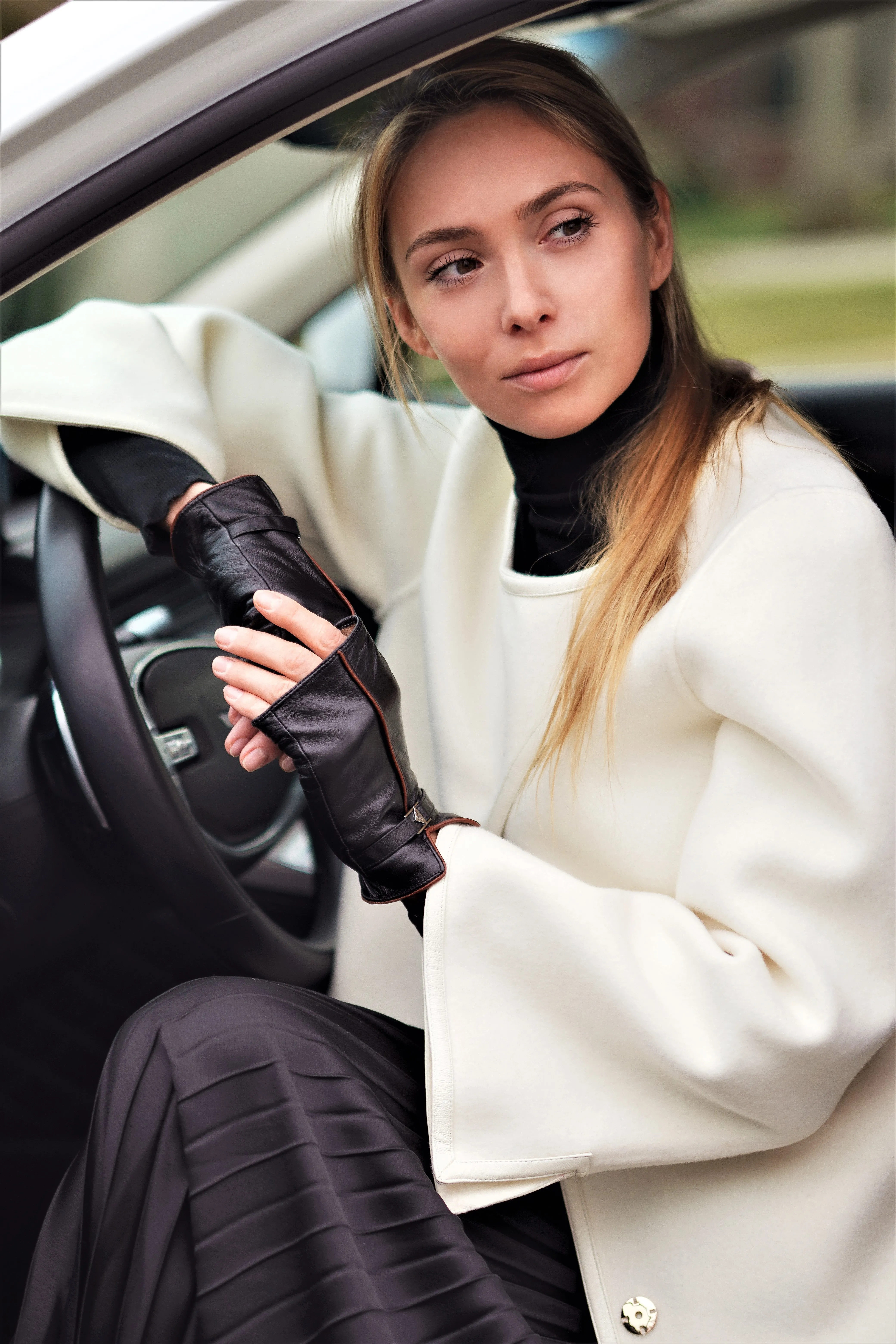 LADY AUTO Fingerless Black Leather Cashemere Lined Womens Gloves