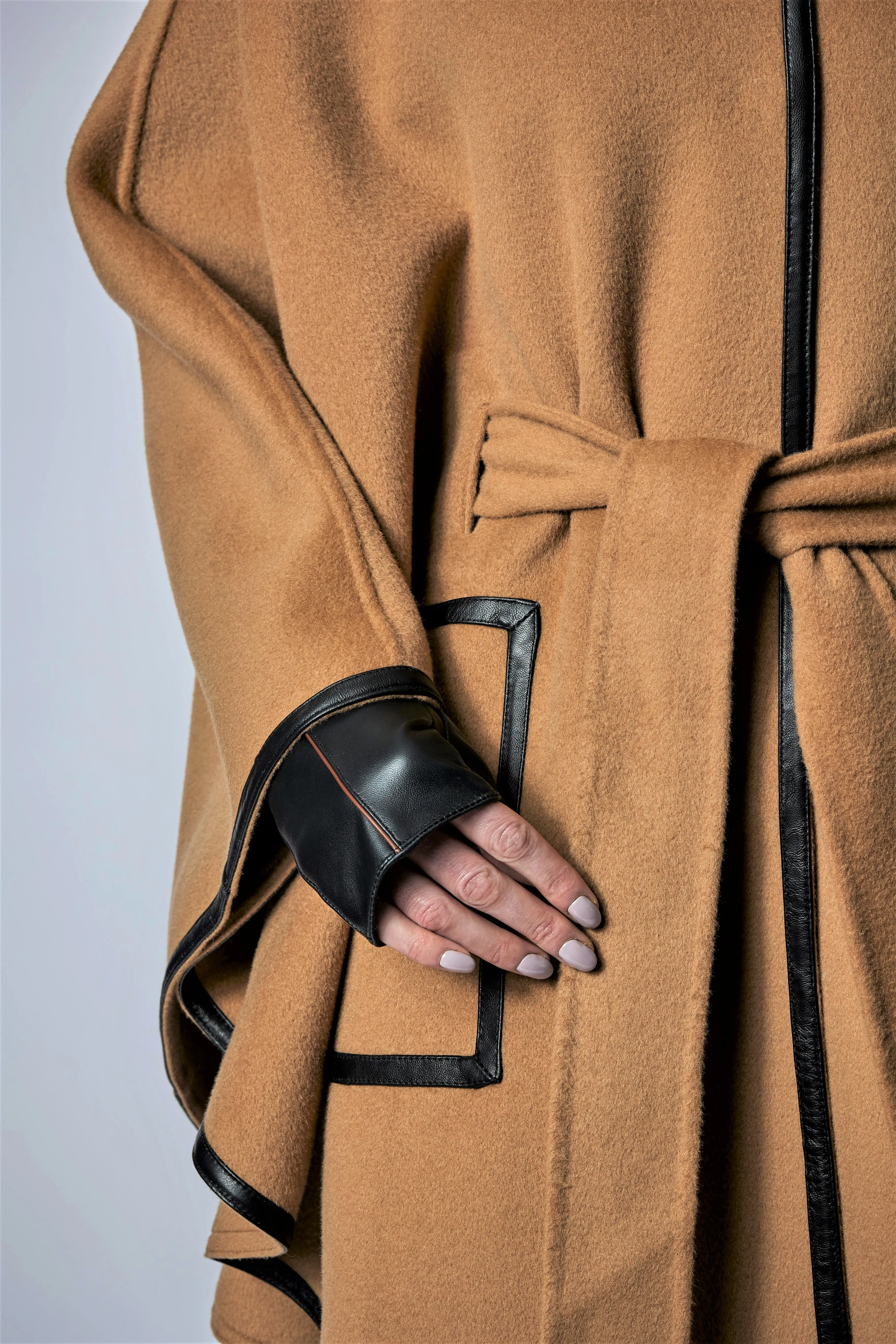 LADY AUTO Fingerless Black Leather Cashemere Lined Womens Gloves