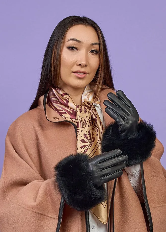 LADY FOX Black Leather Fur Cuff Velour Lined Women Gloves
