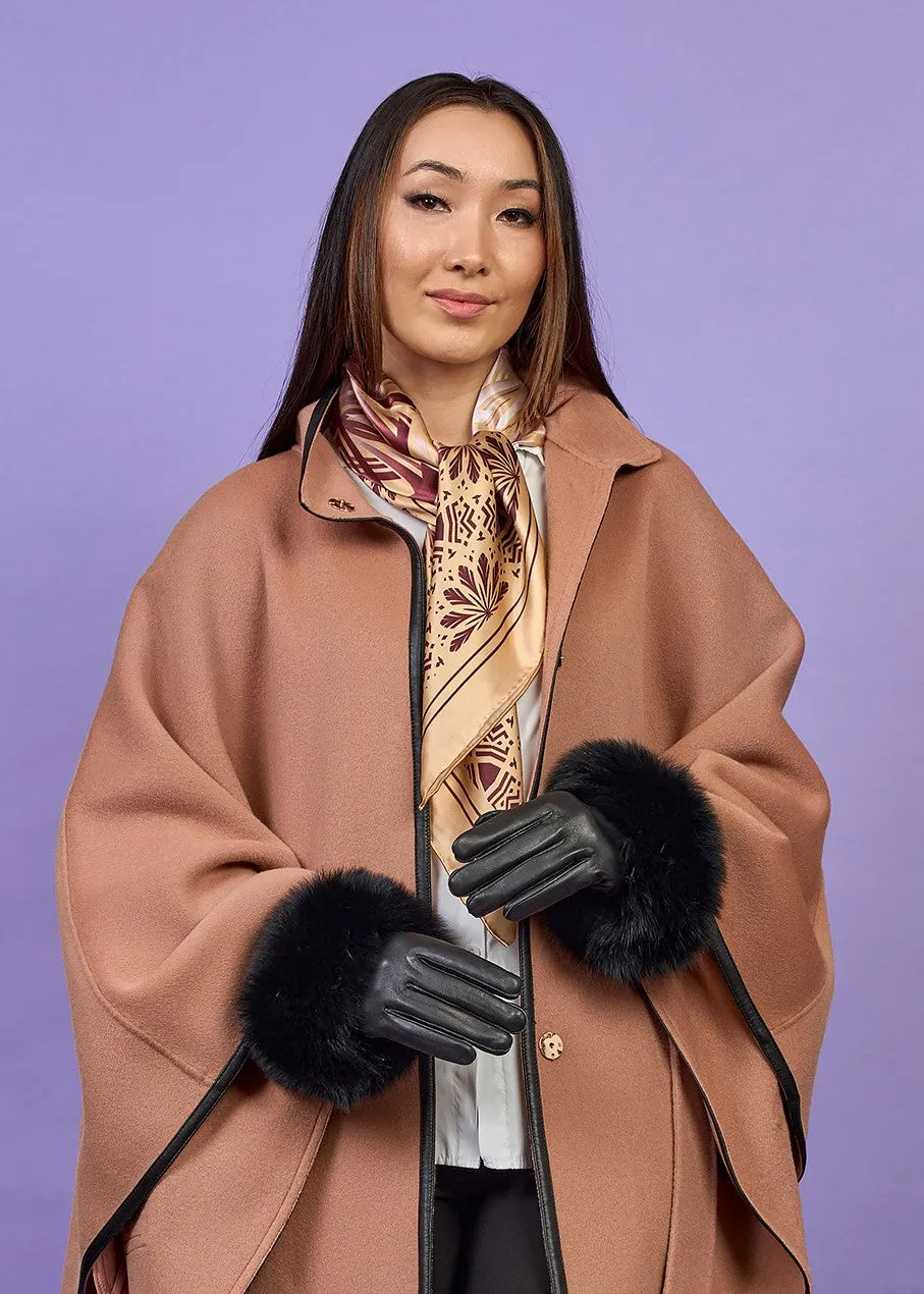 LADY FOX Black Leather Fur Cuff Velour Lined Women Gloves