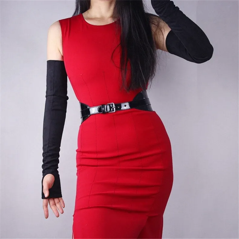 Leather fingerless Long Gloves in Red / Black (60cm)