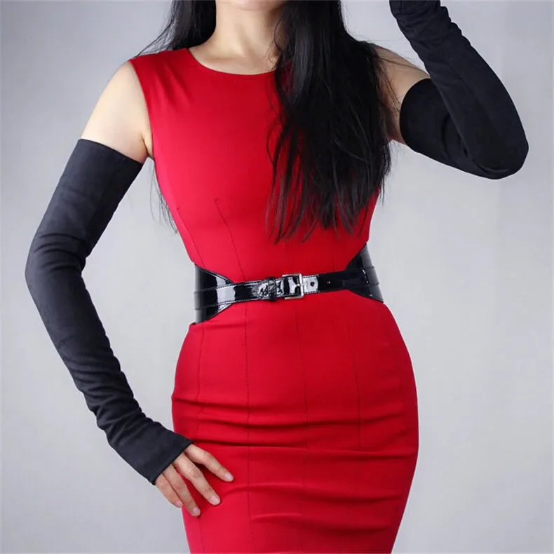 Leather fingerless Long Gloves in Red / Black (60cm)